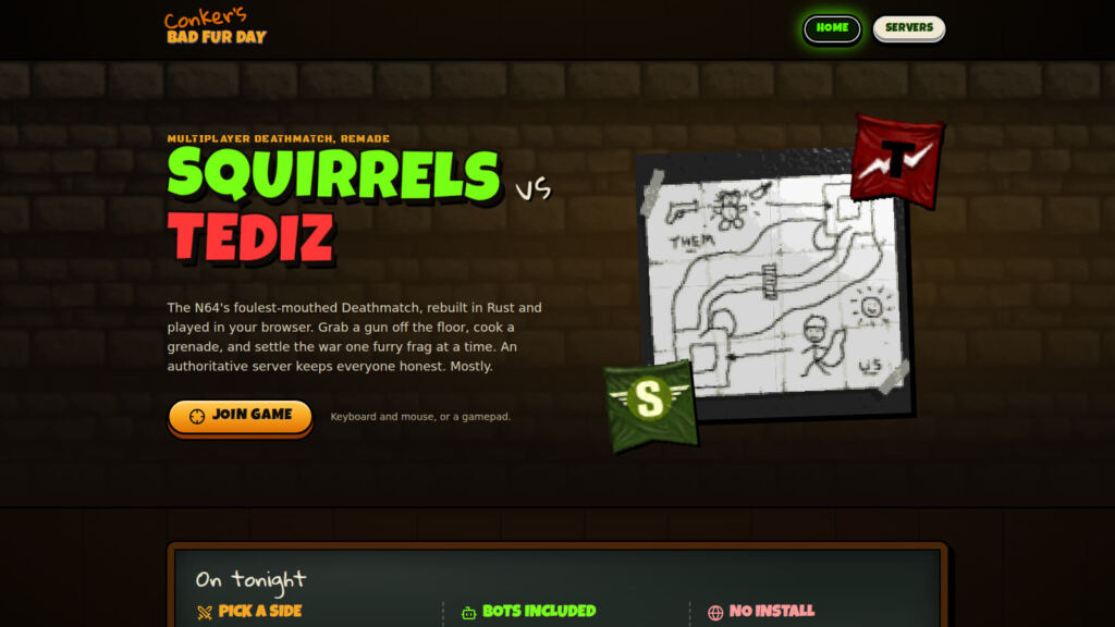 Página do remake de fãs do multiplayer de Conker’s Bad Fur Day, com o título Squirrels vs Tediz