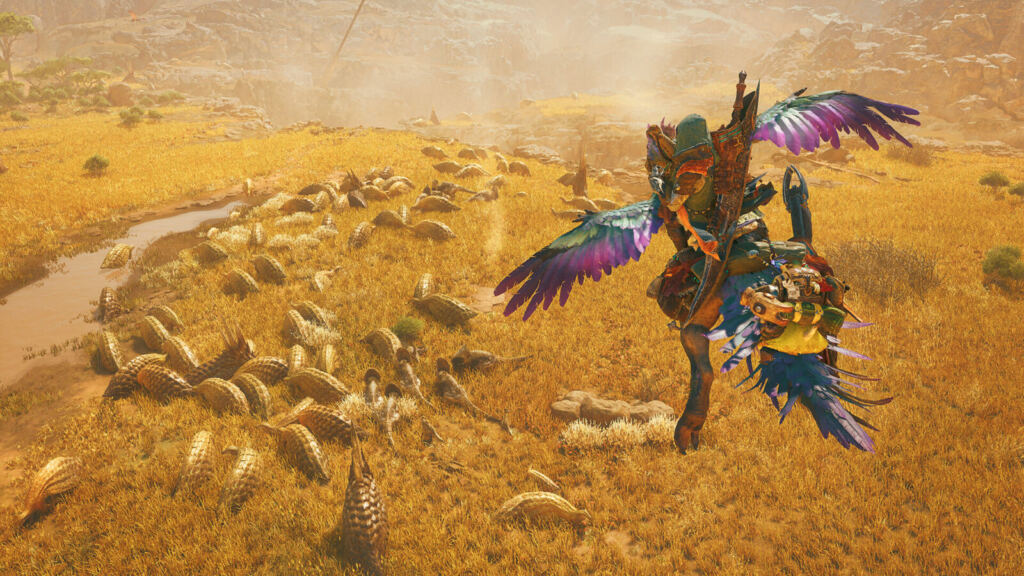 Caçador montado sobrevoa as planícies em Monster Hunter Wilds