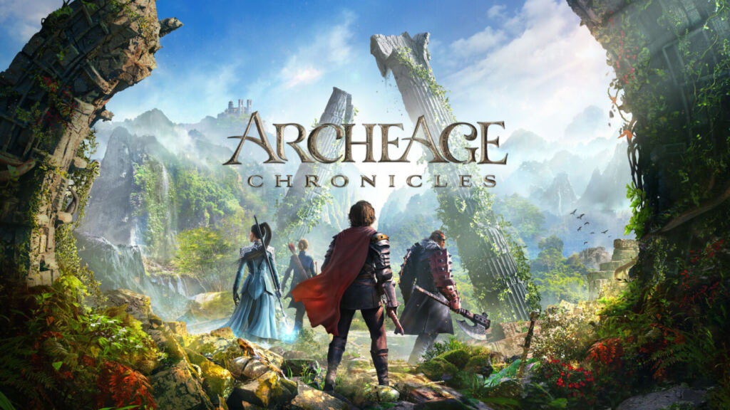 Arte de ArcheAge Chronicles com heróis diante de ruínas