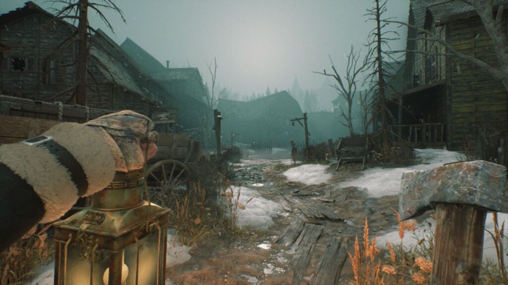 Personagem com lanterna em rua coberta de névoa em Stygian: Outer Gods